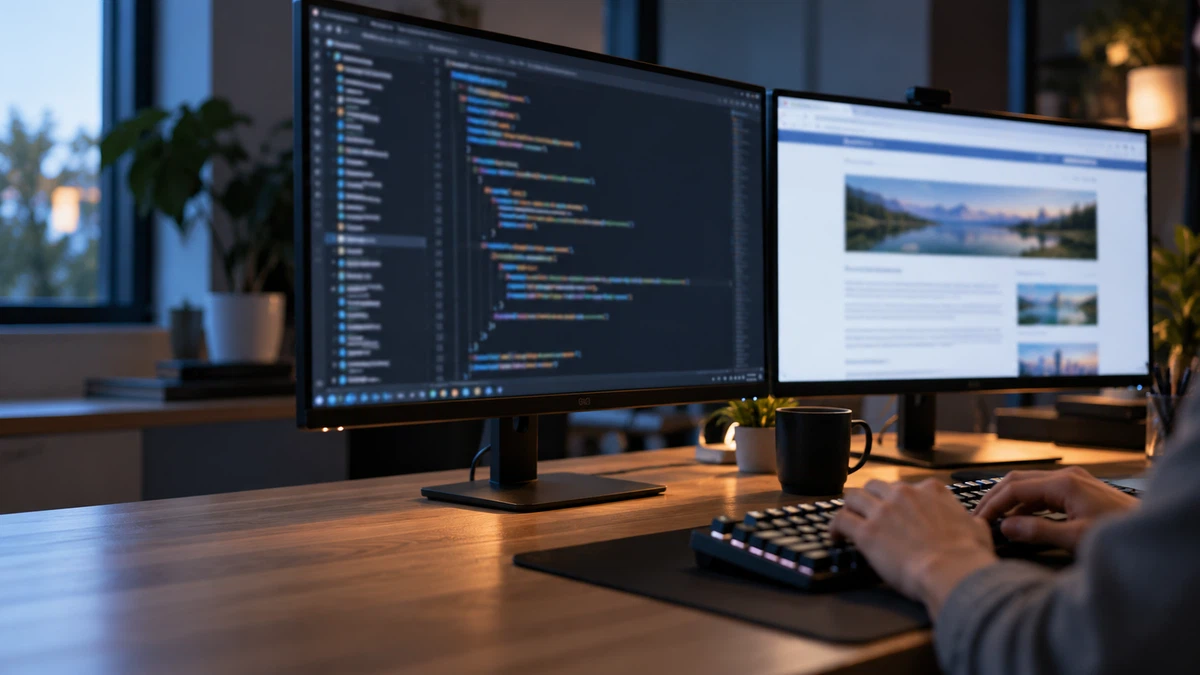 Datos estructurados con schema: un monitor con código JSON-LD junto a otro con la página web que ese marcado describe