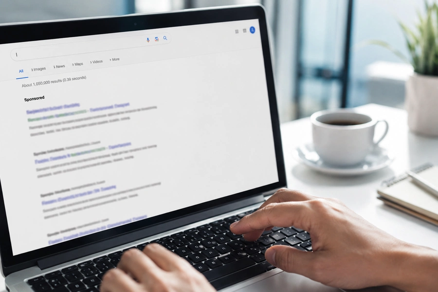 Pantalla de un portátil mostrando resultados de búsqueda de Google con anuncios de Google Ads en la parte superior