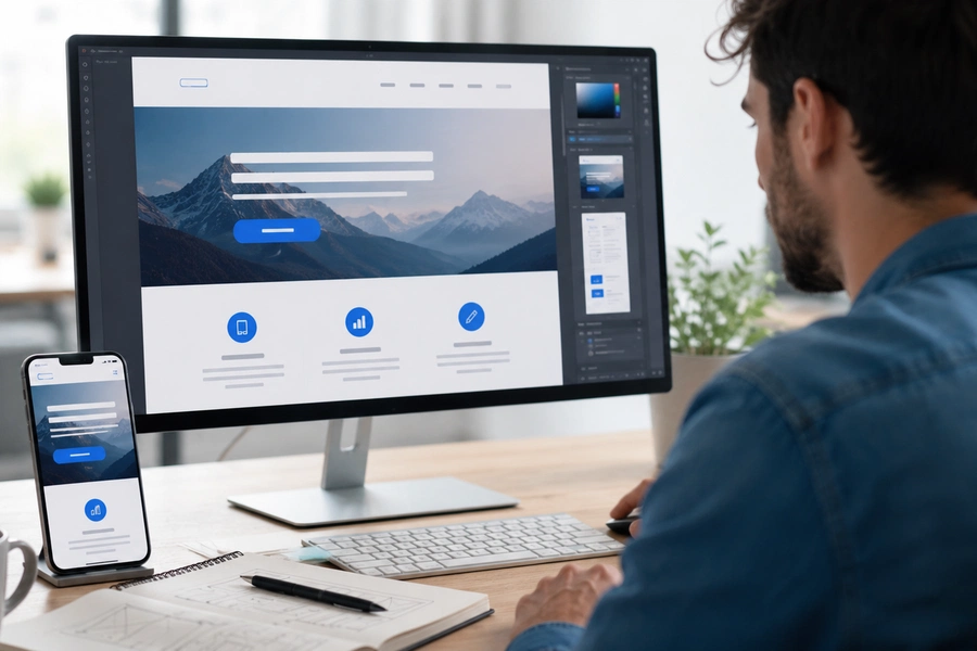 Diseñador web trabajando en el diseño de una landing page en un monitor, con la versión móvil en el teléfono