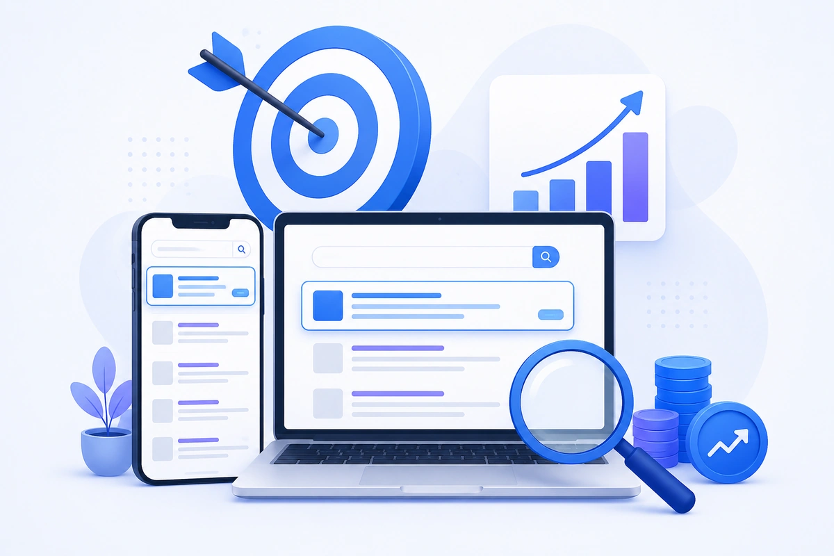 Ilustración comparando SEO y SEM en publicidad de Google Ads