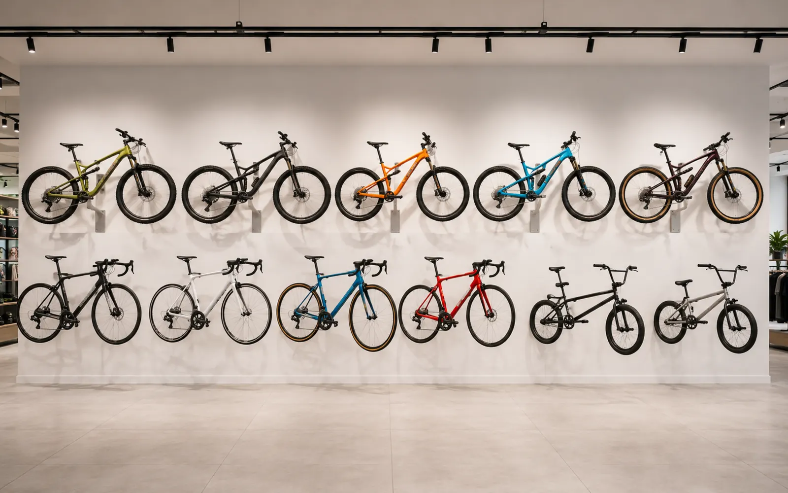 Bicicletas colgadas en la pared de la tienda