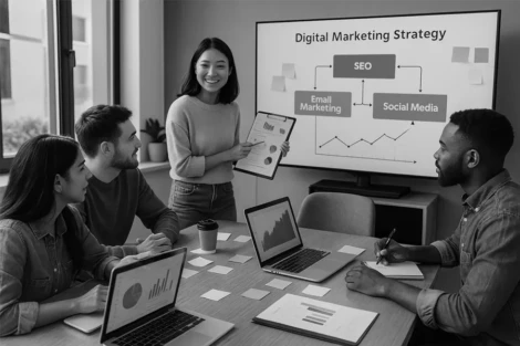 Equipo de trabajo diseñando estrategias de marketing digital con herramientas online
